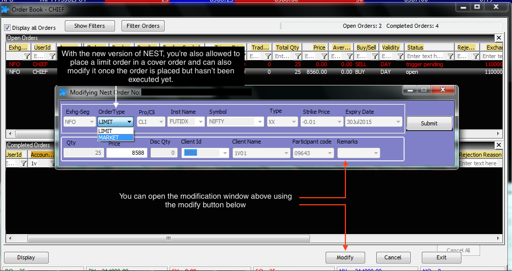 modify cover order stop loss order limit order market order NEST NIFTY fututres